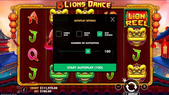 Настройки автозапуска в слоте 5 Lions Dance.