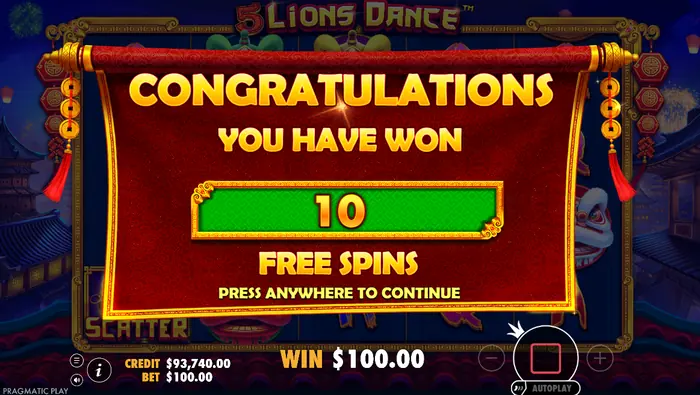 Экран награды за бесплатные вращения в слоте 5 Lions Dance.