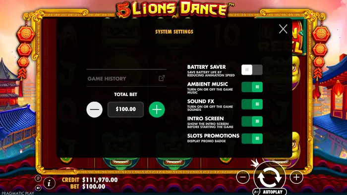 Настройки устранения неполадок в 5 Lions Dance