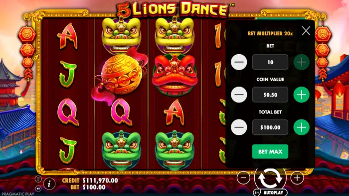 Интерфейс управления ставками в слоте 5 Lions Dance.