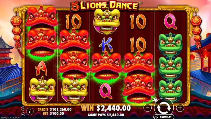 Скриншот игрового поля слота 5 Lions Dance с наглядным примером выигрышной комбинации.
