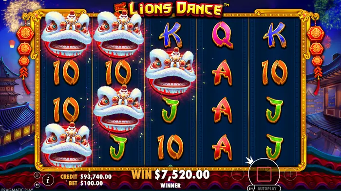 Таблица выплат слота 5 Lions Dance с символами и их значениями.