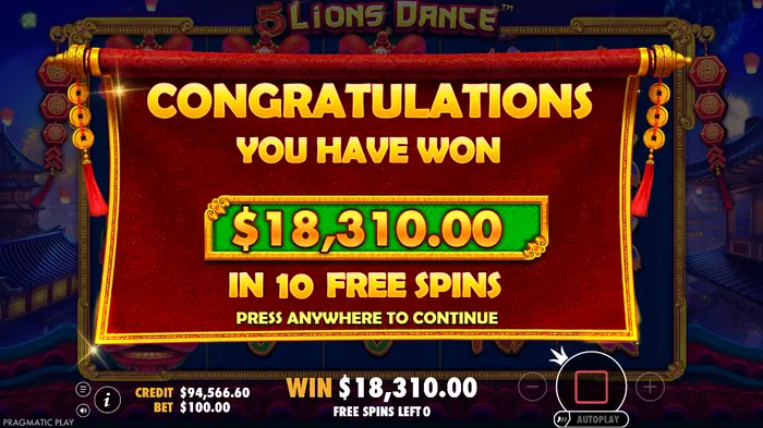 Итоговое окно выплат в слоте 5 Lions Dance
