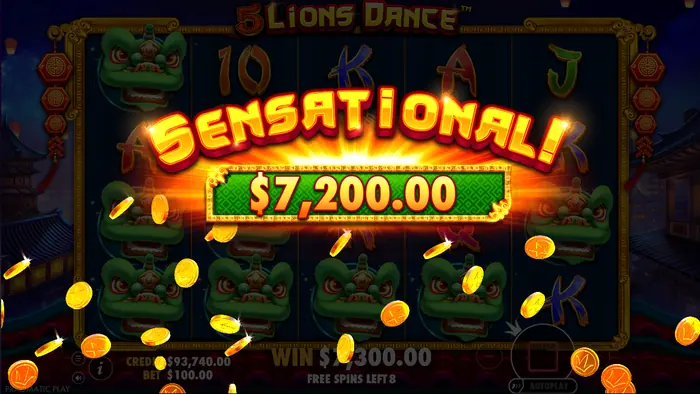 Информационные характеристики слота 5 Lions Dance, включая RTP и максимальный выигрыш.